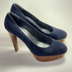 Stuart Weitzman Navy Blue Suede Wood Stacked Platform Pumps Heels Size 7.5 M